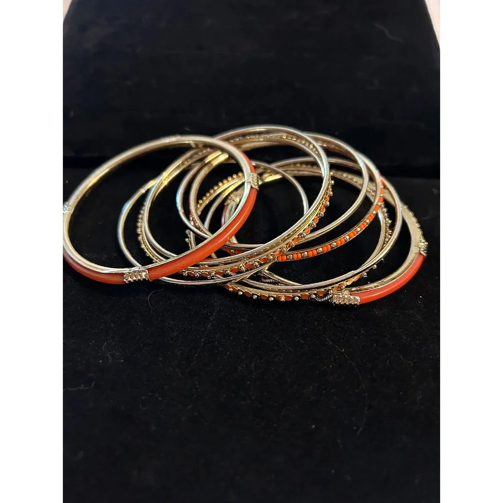 Set of 9 Orange Gold‎ Tone Bangle Bracelets Boho Stack Layered Beaded Rhinestone